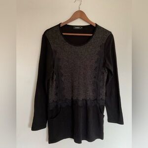 Gray and Black Long Sleeve Blouse with Scoop Neckline